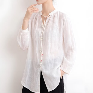 春夏季文艺风苎麻衬衫女白色V领系带宽松飘逸气质防晒衫上衣