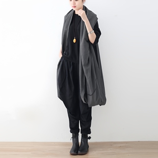 桉慕图自制文艺风无领宽松马甲女中长款针织叠穿外搭灰色背心