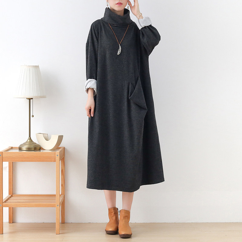 25秋冬季新款小众高领中长款打底宽松过膝棉针织黑色连衣裙女袍子