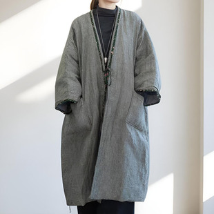 冬季原创新中式亚麻袍茶服加厚夹棉外套中长款棉衣宽大禅意袍子