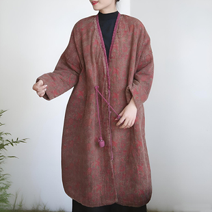 民族风复古印花夹棉磨毛盘扣棉衣系带V领交叠汉服棉袍外披宽松女