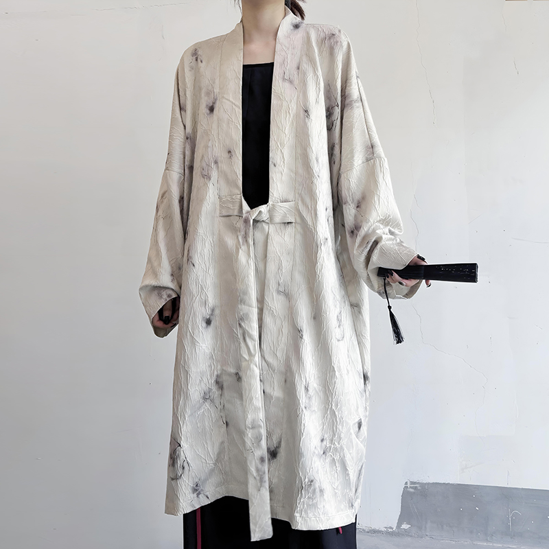 春夏季小众设计感新中式肌理感中长款开衫上衣水墨染雪纺汉服外套