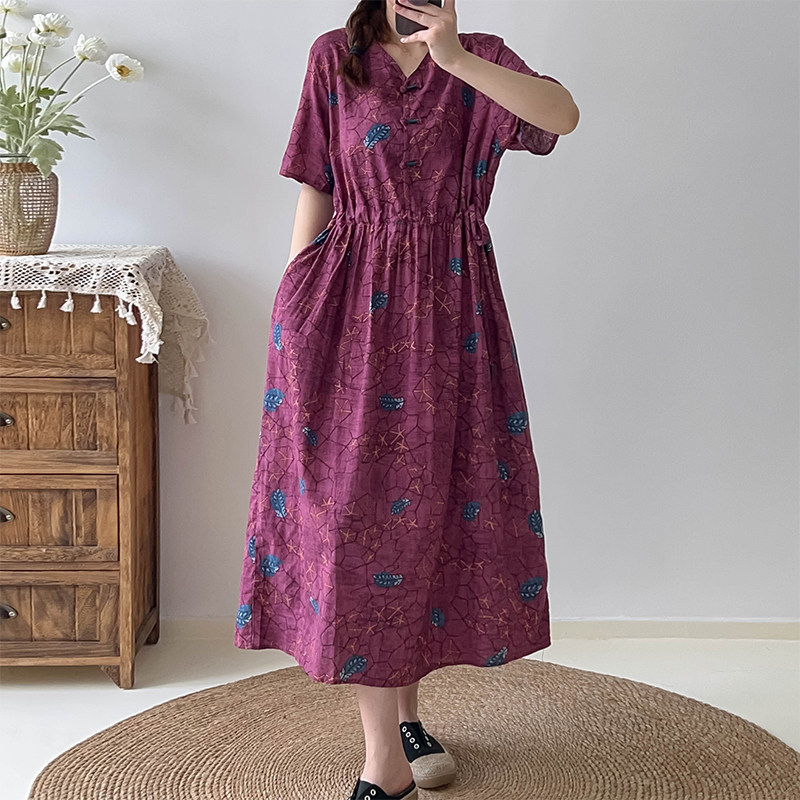 中式盘扣碎花棉麻连衣裙女中长款2025春夏装新款收腰系带打底裙子