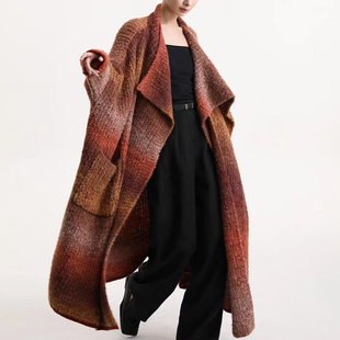 秋冬季原创宽松大码慵懒格子马海毛复古简约针织羊毛衣长开衫外套