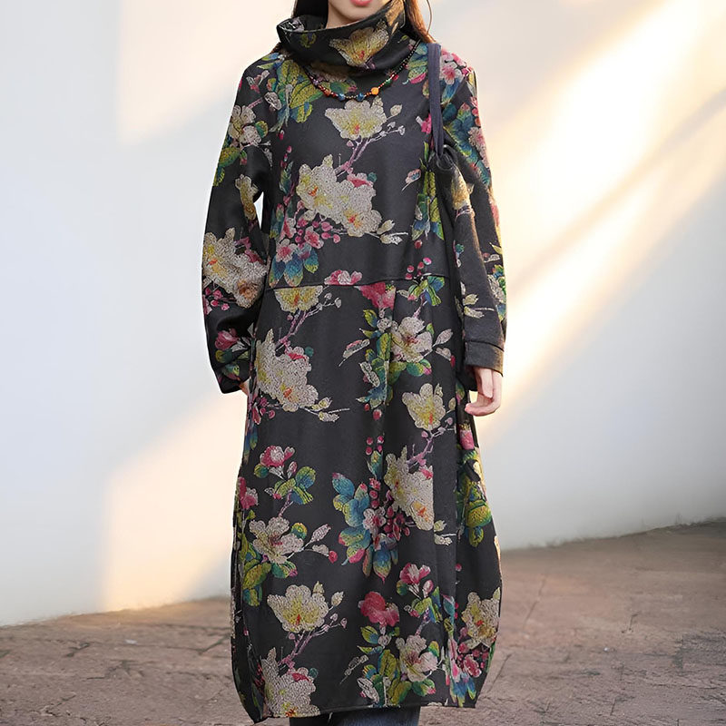 新中式复古大花秋冬季加厚连衣裙堆堆领黑色印花中长款高腰打底裙