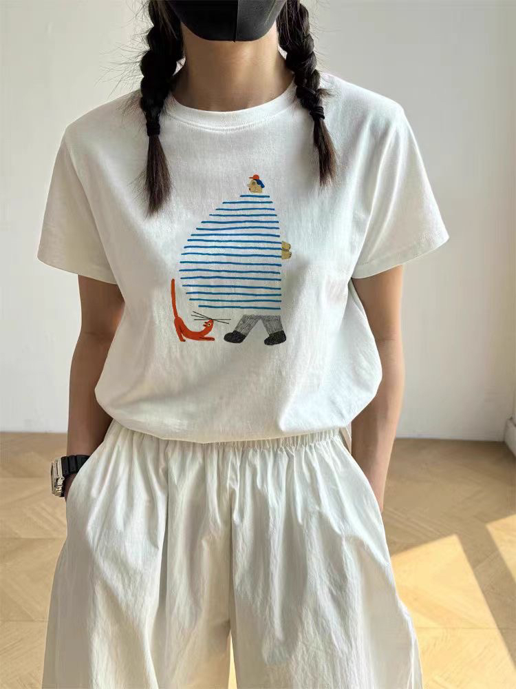 日系减龄搞怪卡通印花宽松上衣女夏季日常休闲风短袖美式正肩t恤