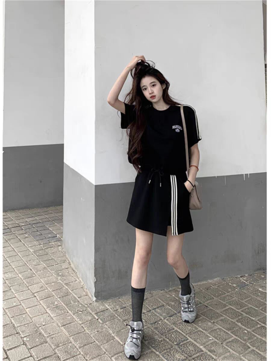 韩系简约百搭休闲运动套装女夏季新款宽松显瘦短袖上衣半身裙套装