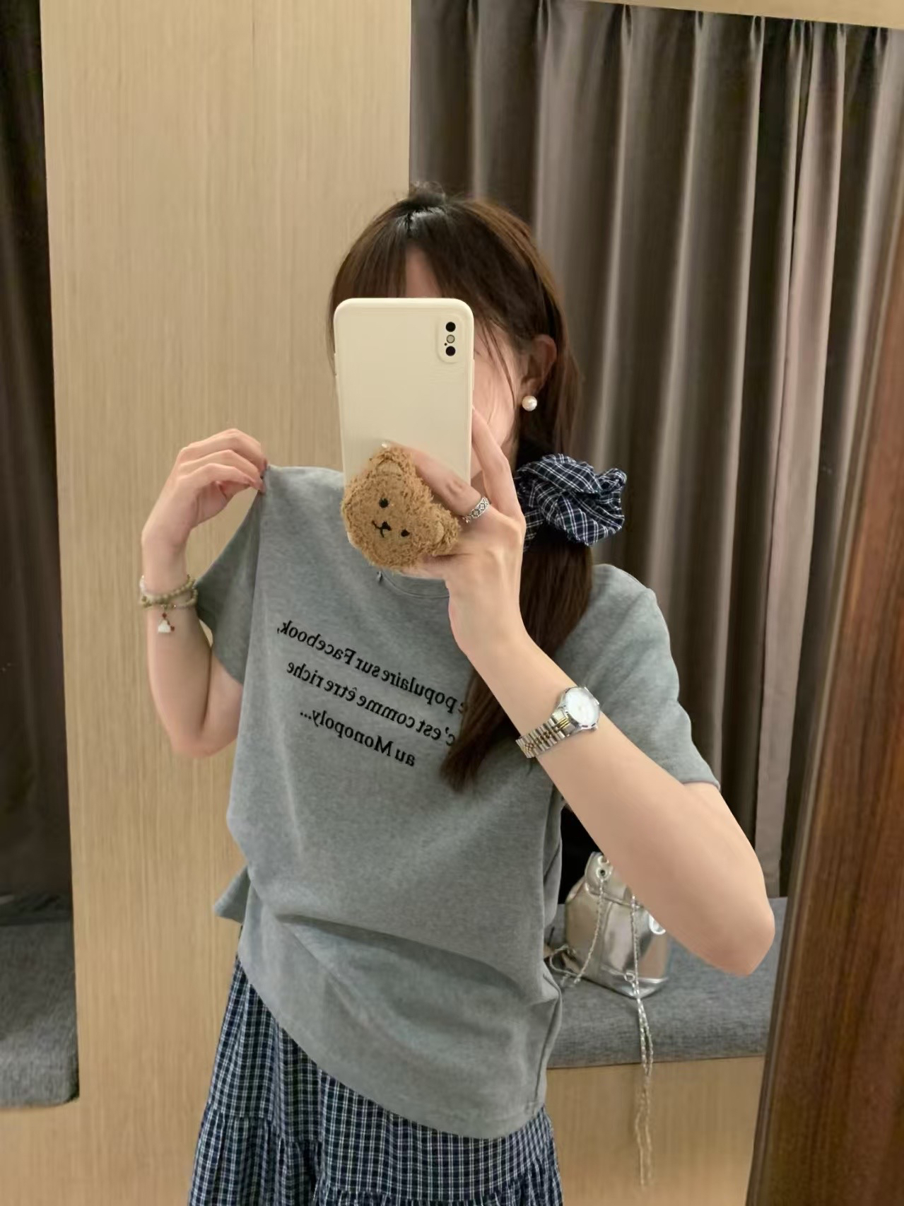 复古套装韩系字母印花正肩短袖t恤女格子高腰半身裙两件套女装