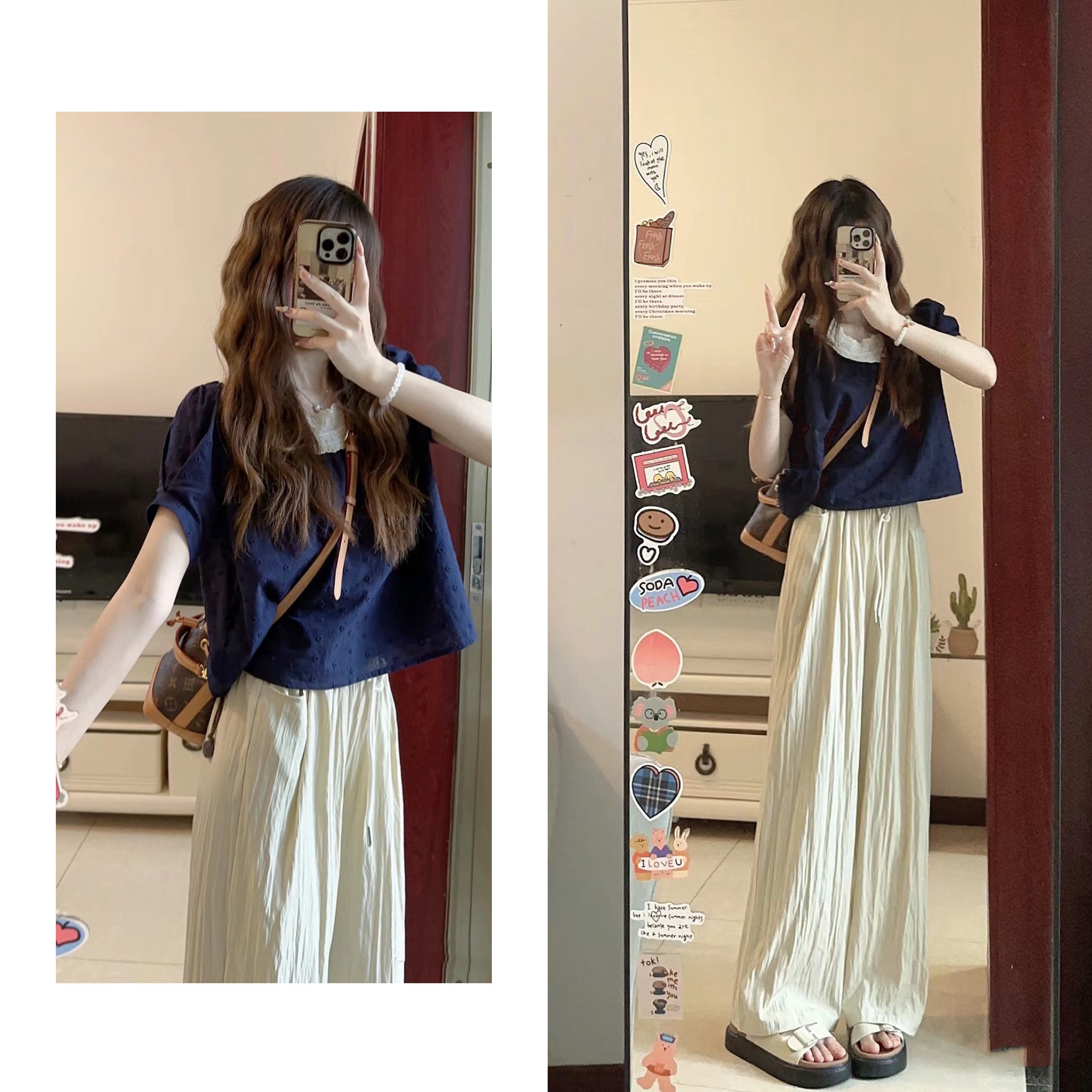 韩系百搭蕾丝拼接上衣女夏季新款高腰阔腿裤套装甜美搭配一整套