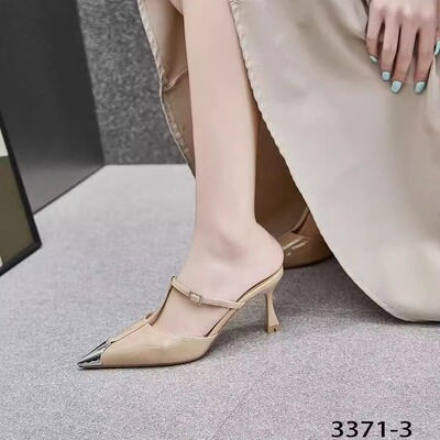 钎金鸟3371-3法式金属尖头高跟拖鞋女2025夏季新款一字带漆皮7cm