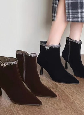 一代佳人26Q3765秋冬新款百搭金丝绒水钻高跟短靴细跟气质时装靴