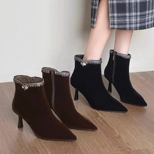 一代佳人26Q3765秋冬新款百搭金丝绒水钻高跟短靴细跟气质时装靴