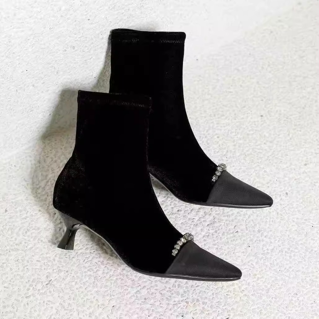 一代佳人3791时尚尖头细跟短靴女水钻装饰绒面弹力靴百搭瘦瘦靴