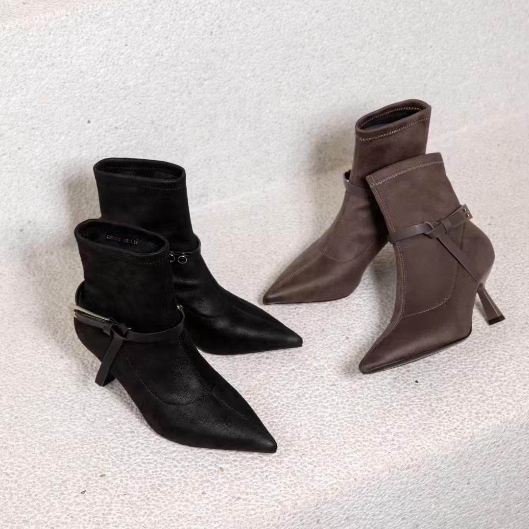 一代佳人26R533尖头可拆卸绑带装饰短筒时尚靴女气质弹力靴6公分