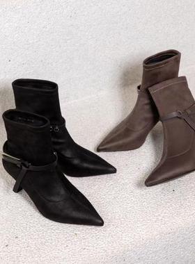 一代佳人26R533尖头可拆卸绑带装饰短筒时尚靴女气质弹力靴6公分