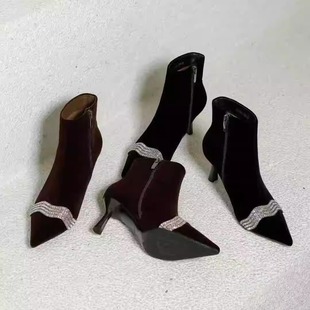 简莎图3307-38金丝绒水钻尖头细跟短靴秋冬新款气质百搭舒适6公分