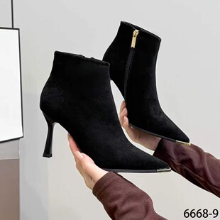 钎金鸟6668-9绒面尖头防踢头细跟气质短靴侧拉链舒适百搭7公分