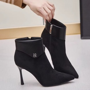 钎金鸟韩版尖头细跟短靴女冬季黑色高跟时尚显瘦时装靴7.5公分