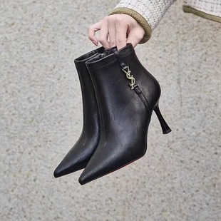 钎金鸟6659-5皮面尖头细跟红底短靴侧拉链气质百搭舒适时装靴7cm