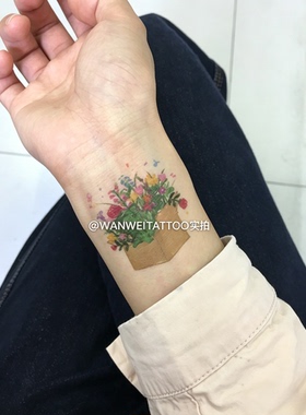 玩味原创手绘小清新植物花卉纹身贴纸手腕锁骨贴纸花束少女风纹身
