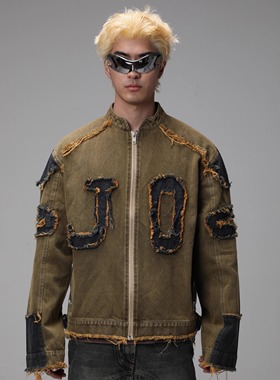 JohariWindow水洗做旧破坏毛边拼接撞色牛仔复古y2k朋克外套