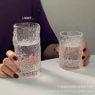 锤纹网杯子茶 红杯树皮饮料璃杯家用加厚水杯简约清新0410森系玻式