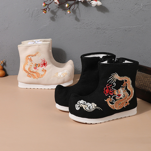 男童汉服靴子秋冬季加绒棉鞋中国风老北京布鞋古装古风儿童绣花鞋