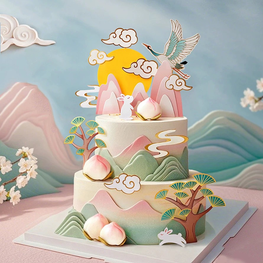 中秋节祝寿蛋糕装饰山水古风新中式仙鹤祥云寿桃古亭插牌插件松树