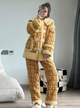 pink grape睡衣女冬季三层夹棉加厚保暖珊瑚绒可外穿法兰绒家居服