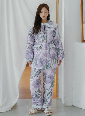 pink grape睡衣女珊瑚绒加厚夹棉保暖中长款法兰绒奢华家居服套装