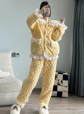 pink grape睡衣女士冬季三层夹棉加绒加厚保暖珊瑚绒可外穿家居服