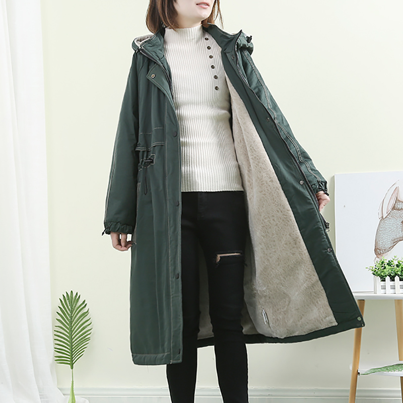 加绒韩版宽松风连帽收腰过膝外套