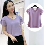 短袖 上衣遮肚子洋气t恤打底衫 女夏季 V领宽松大码 新款 欧洲站雪纺衫