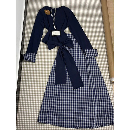 蝴蝶结绑带斜肩上衣长裙套装