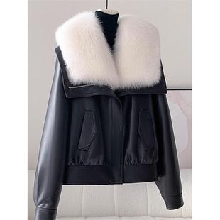 轻奢狐皮领皮草外衣的妇女2025年冬季Roujes山羊皮鹅绒羽绒服短风