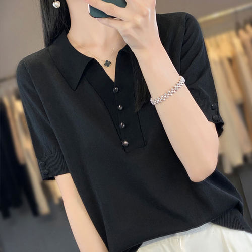 短袖t恤女2024新款爆款Polo领上衣洋气大码女装夏季薄冰丝针织衫