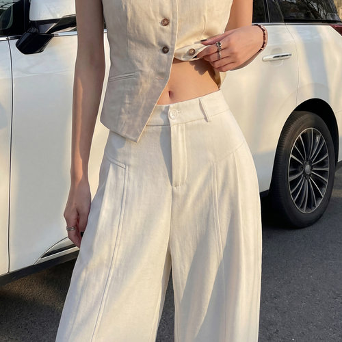 白色亚麻阔腿裤女夏季薄款高腰垂感宽松休闲松弛老钱风直筒西装裤