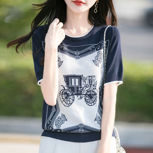 时尚提花短袖t恤女夏季2025新款打底衫洋气大码女装冰丝针织上衣