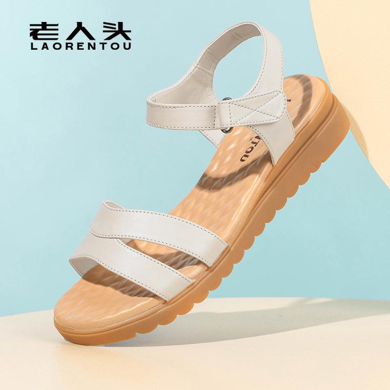 正品老人头女鞋2025夏季新款妈妈鞋女凉鞋真皮软底舒适平底坡跟凉