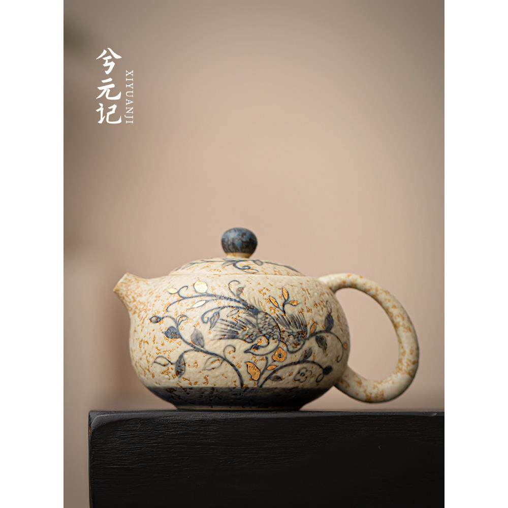 西元记手绘青花燧石丹凤西石壶陶瓷茶壶高档茶壶功艺茶具纪念品