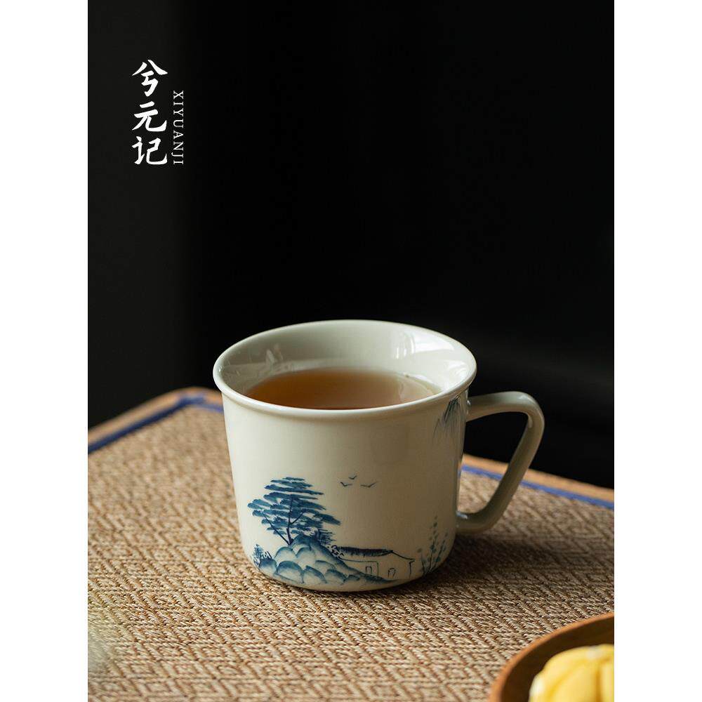 植物灰色手绘马克杯家用大茶杯陶瓷水杯早餐杯个性化定制情侣杯