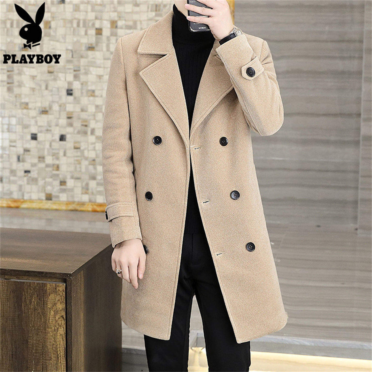 花花公子毛呢大衣男中长风衣外套