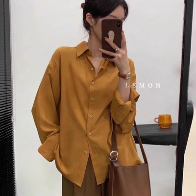 洋气港风宽松长袖显白姜黄色衬衫