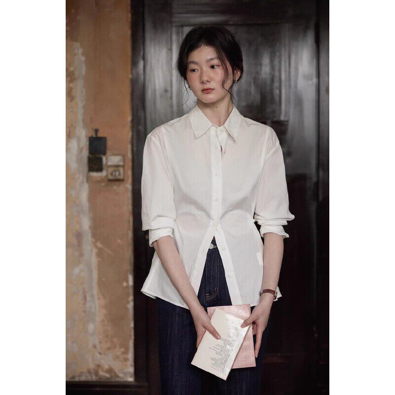 韩版新款棉质收腹粉色长袖衬衫女装春季宽松洋气立体裁剪时髦上衣