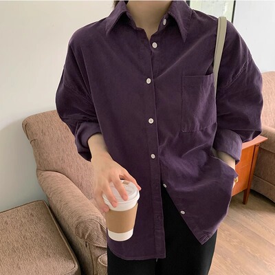 轻奢法式宽松灯芯绒长袖紫色衬衫