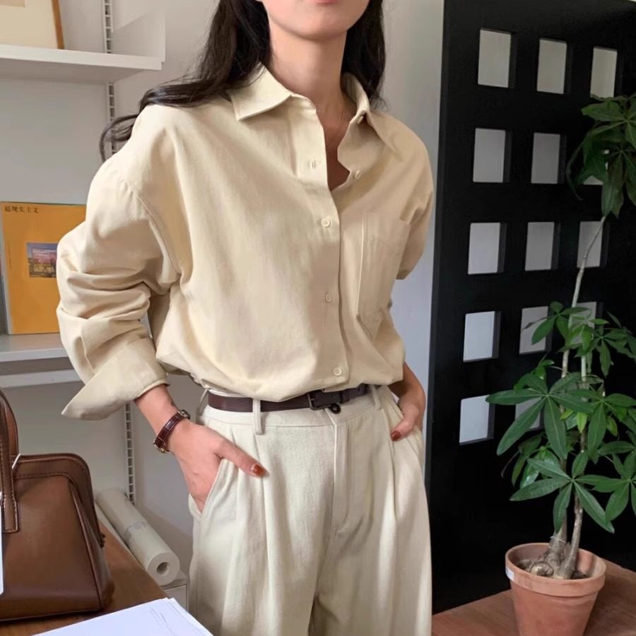 2026新款春秋加厚叠穿长袖磨毛衬衫简约chic韩风高级感纯棉衬衣女