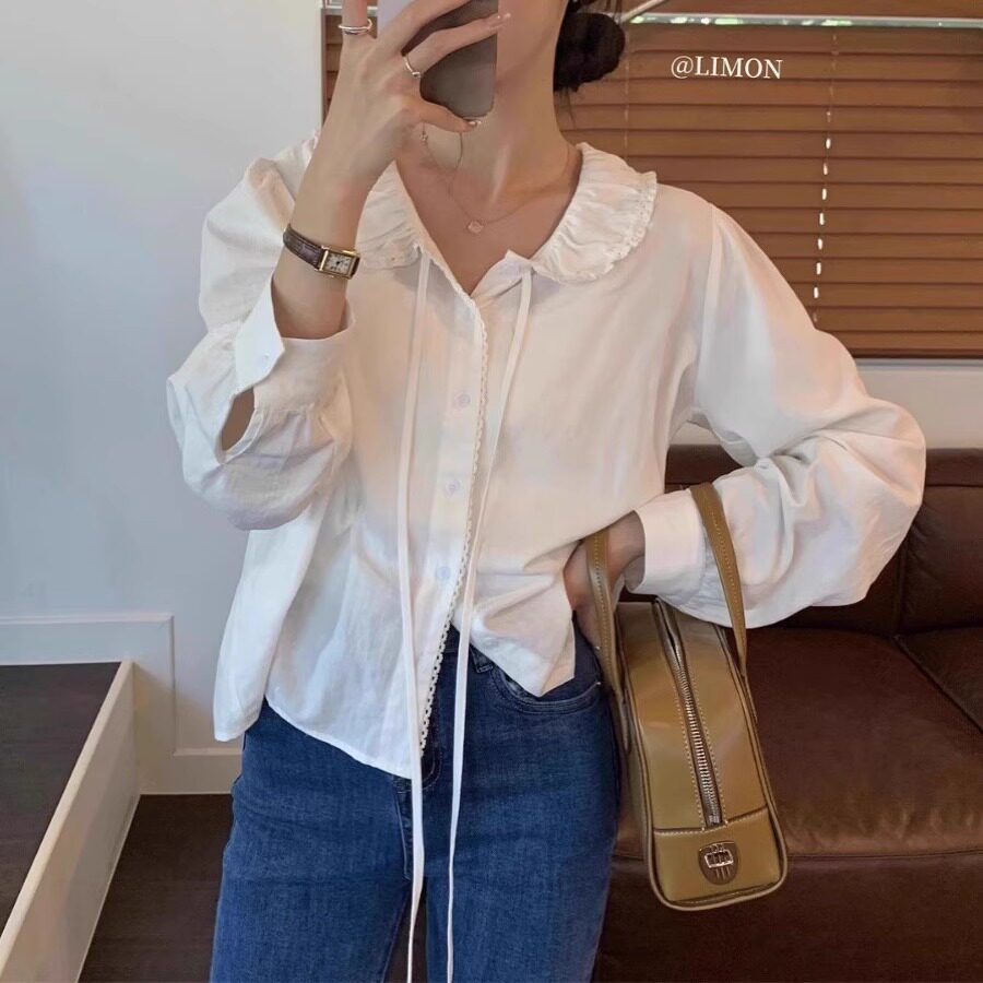气质法式褶皱花边翻领正肩白衬衫