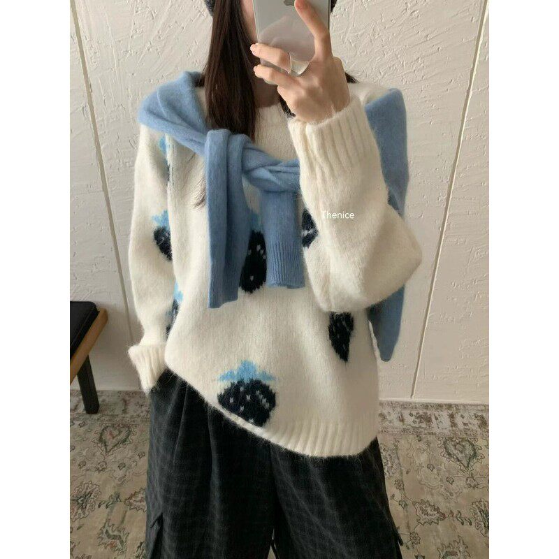 韩版新款休闲草莓图案套头长袖针织毛衣秋季休闲显瘦长袖暖和上衣