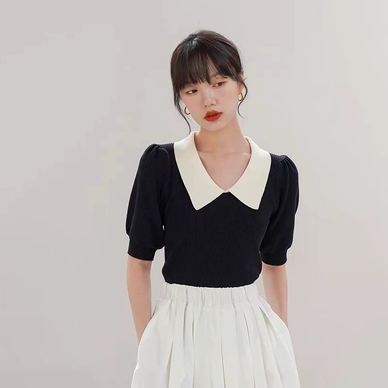 夏季时尚冰丝修身气质设计感女士上衣女韩版黑白拼接短袖翻领T恤