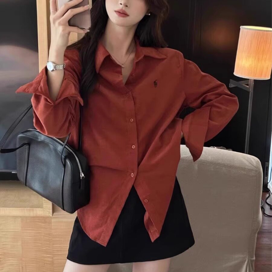韩版小刺绣红色长袖灯芯绒衬衫